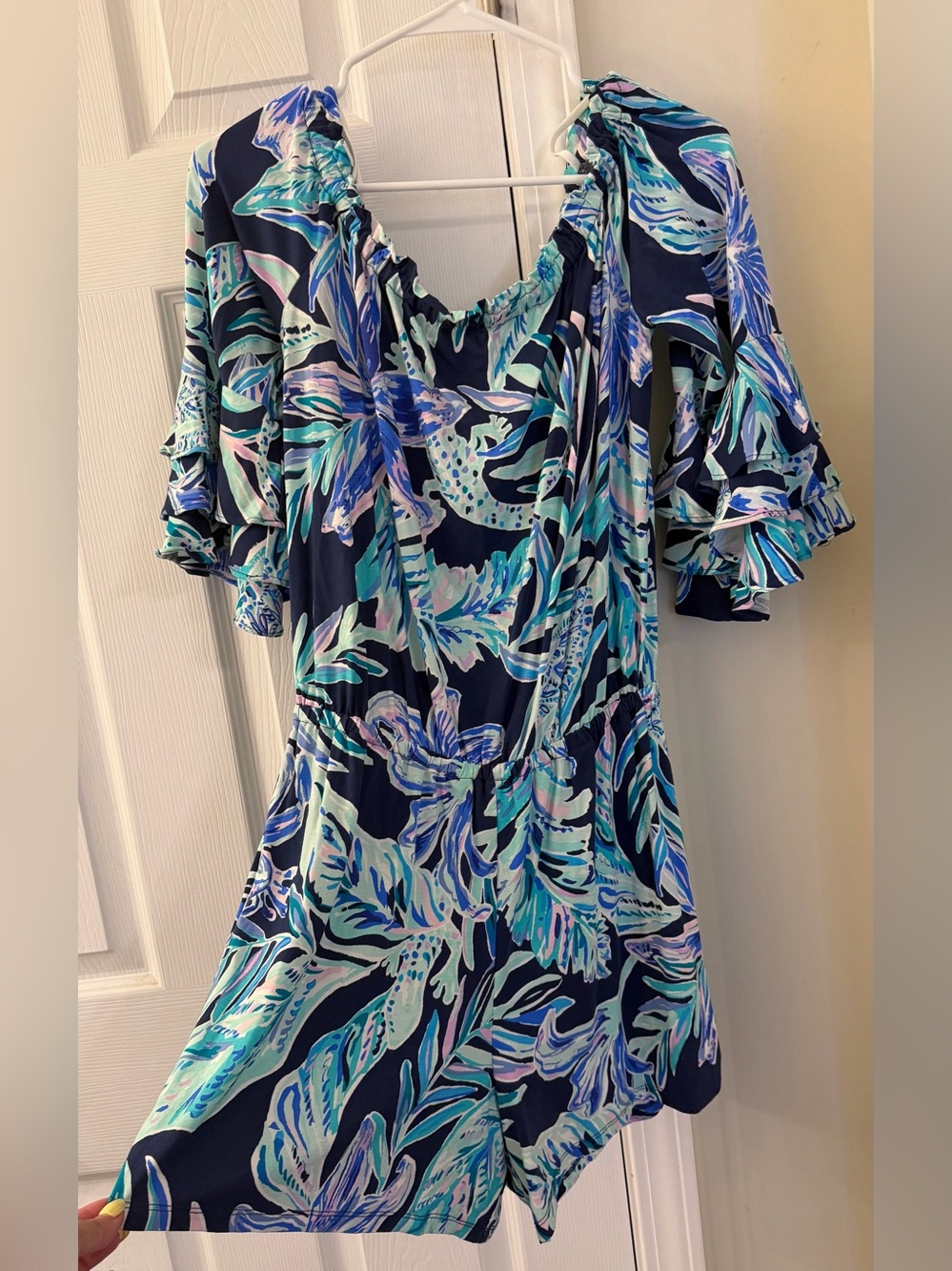 Lilly Pulitzer Calla Off-Shoulder Romper in the High Tide Navy - Picture 2 of 5